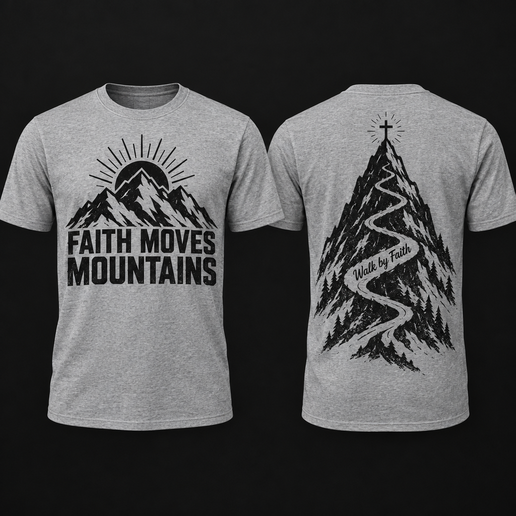 Faith Moves Mountains Tee in heather grey with black mountain graphic and Faith Moves Mountains lettering