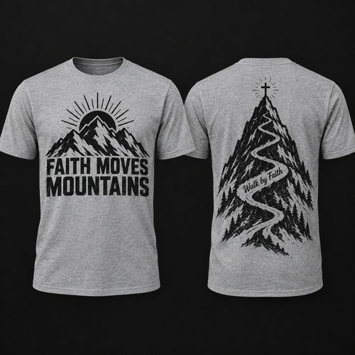 Faith Moves Mountains Tee in heather grey with black mountain graphic and Faith Moves Mountains lettering