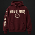 King of Kings Hoodie in deep maroon with cream distressed graphics and Fearless Faith sleeve text