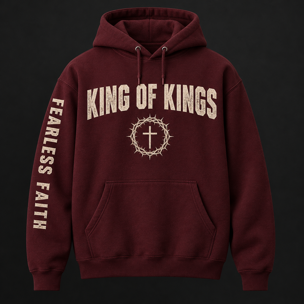 King of Kings Hoodie in deep maroon with cream distressed graphics and Fearless Faith sleeve text