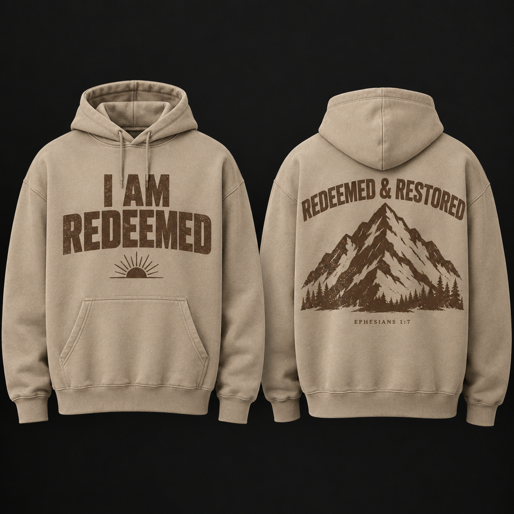 I Am Redeemed Hoodie in sand with brown distressed lettering and mountain back graphic