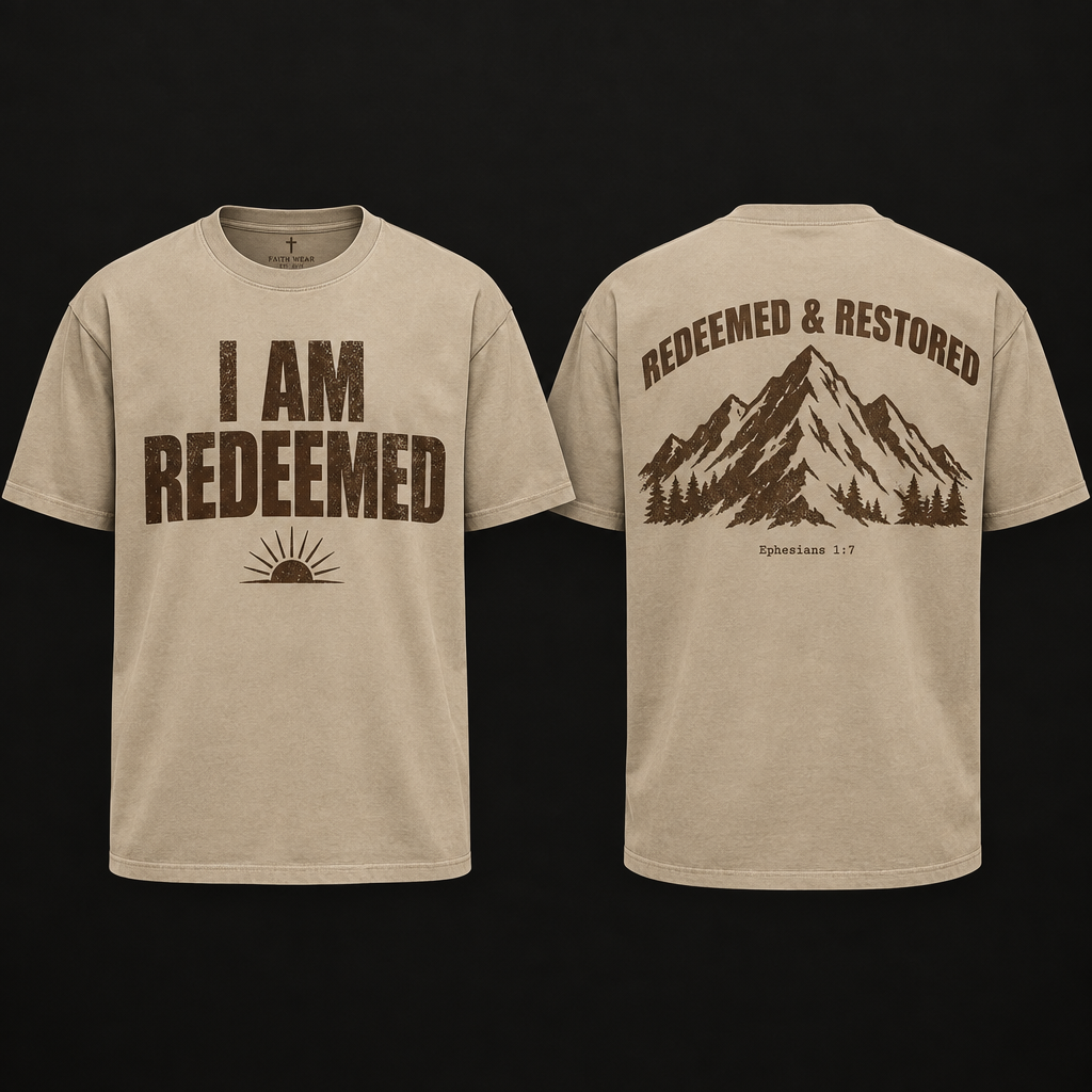 I Am Redeemed Tee in sand with brown distressed lettering and mountain back graphic