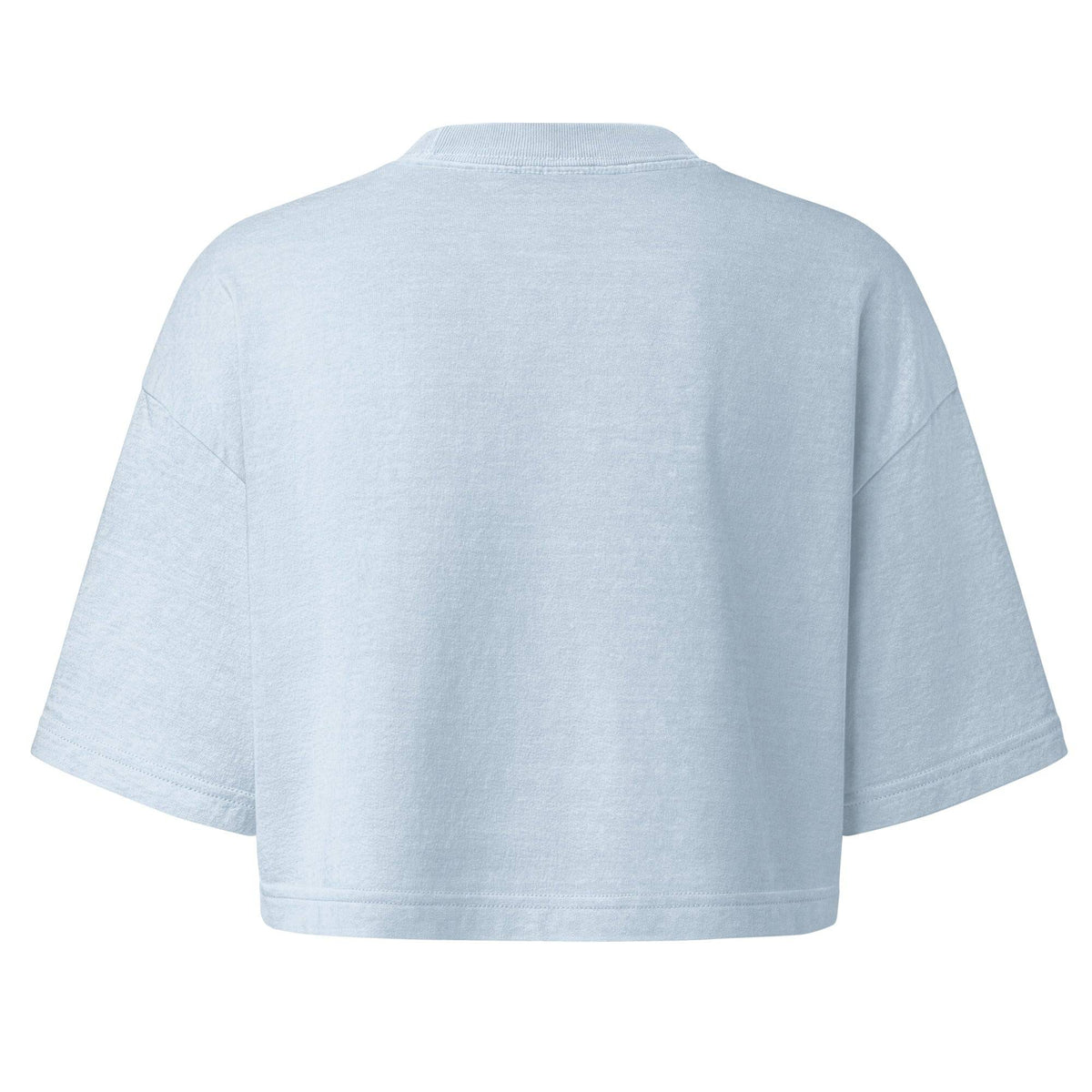 Back view of light blue garment-dye cropped t-shirt with black cross graphic and 'Faith Over Fear' text, showing neckline and fabric texture