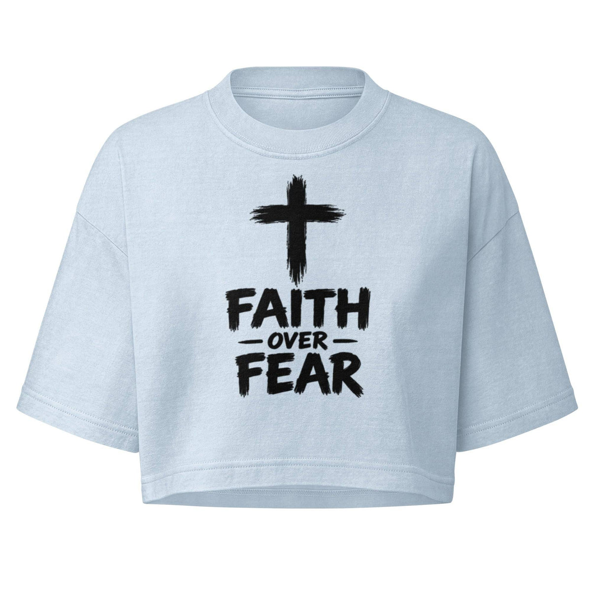 Light blue garment-dye cropped t-shirt with black cross graphic and 'Faith Over Fear' text, boxy fit, 6.5oz cotton, women's streetwear